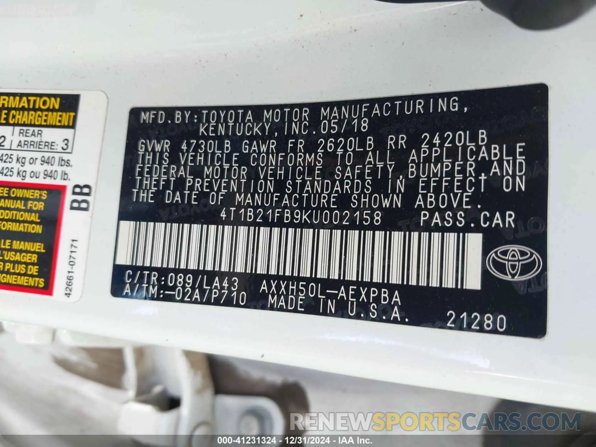 9 Фотография поврежденного автомобиля 4T1B21FB9KU002158 TOYOTA AVALON HYBRID 2019