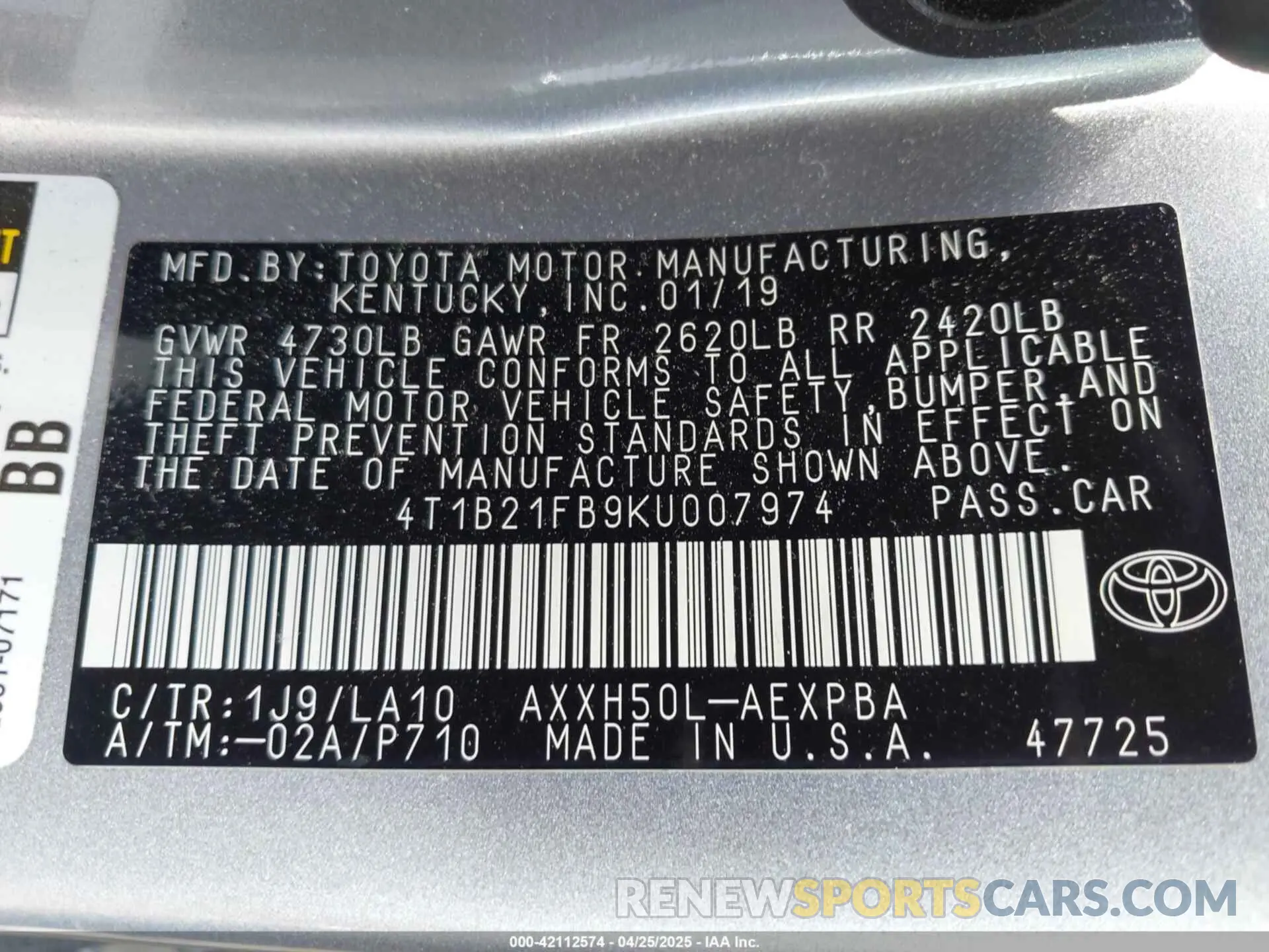 9 Фотография поврежденного автомобиля 4T1B21FB9KU007974 TOYOTA AVALON HYBRID 2019