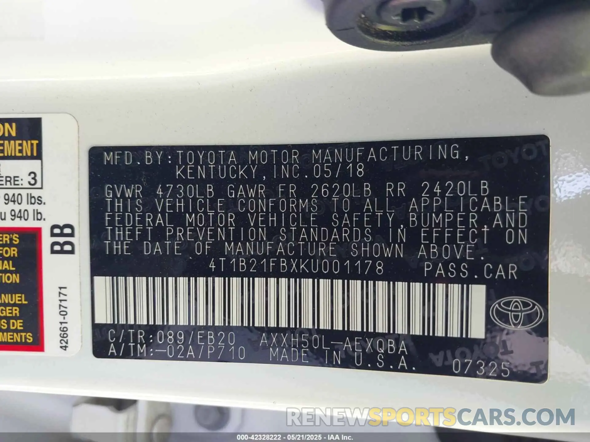 9 Photograph of a damaged car 4T1B21FBXKU001178 TOYOTA AVALON HYBRID 2019