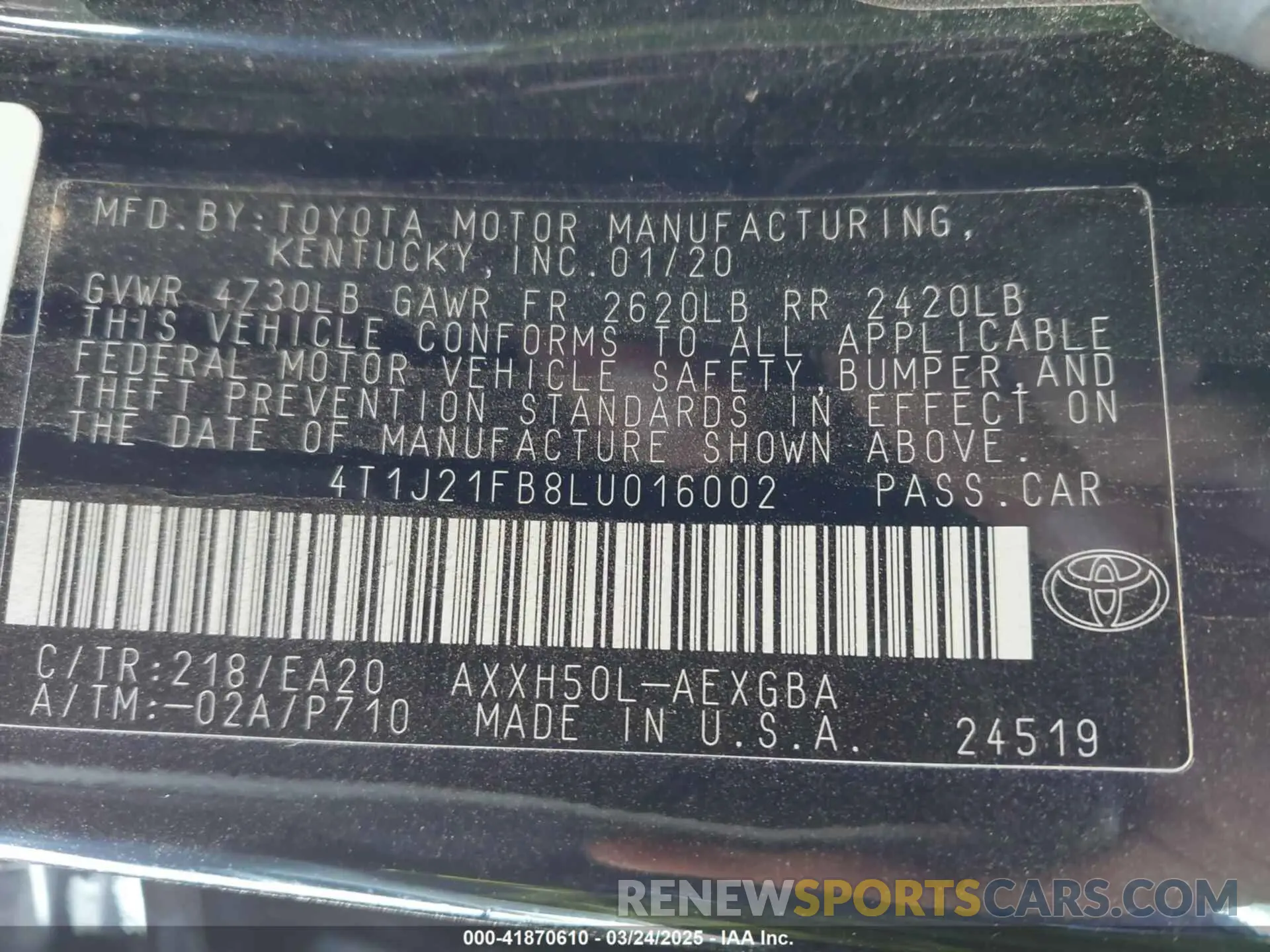 9 Фотография поврежденного автомобиля 4T1J21FB8LU016002 TOYOTA AVALON HYBRID 2020