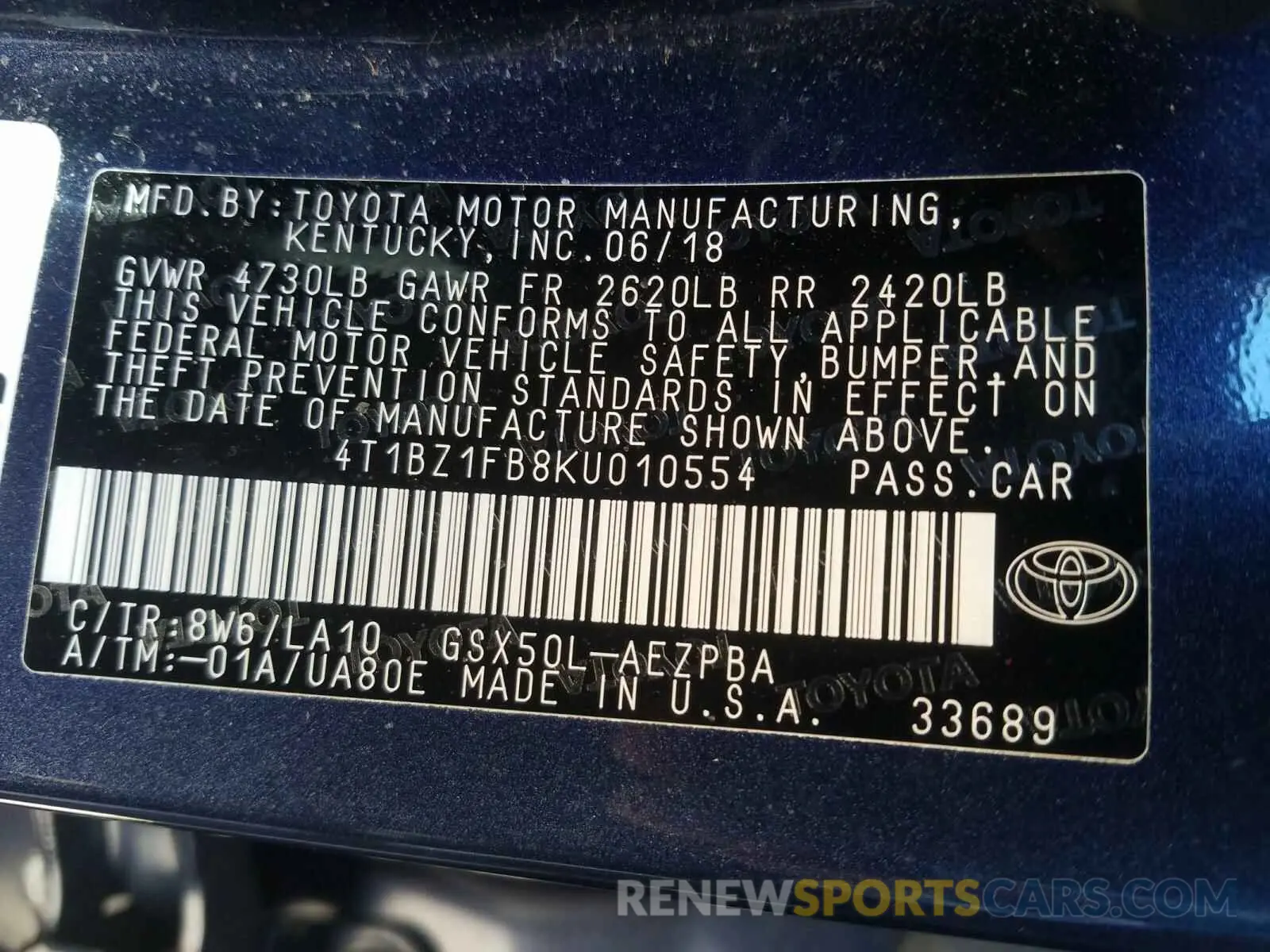 10 Photograph of a damaged car 4T1ZB1FB8KU010554 TOYOTA AVALON LIM 2019