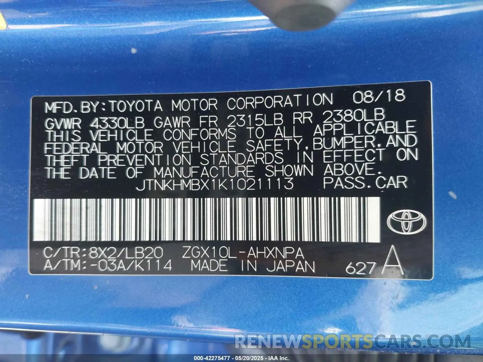 9 Фотография поврежденного автомобиля JTNKHMBX1K1021113 TOYOTA C-HR 2019