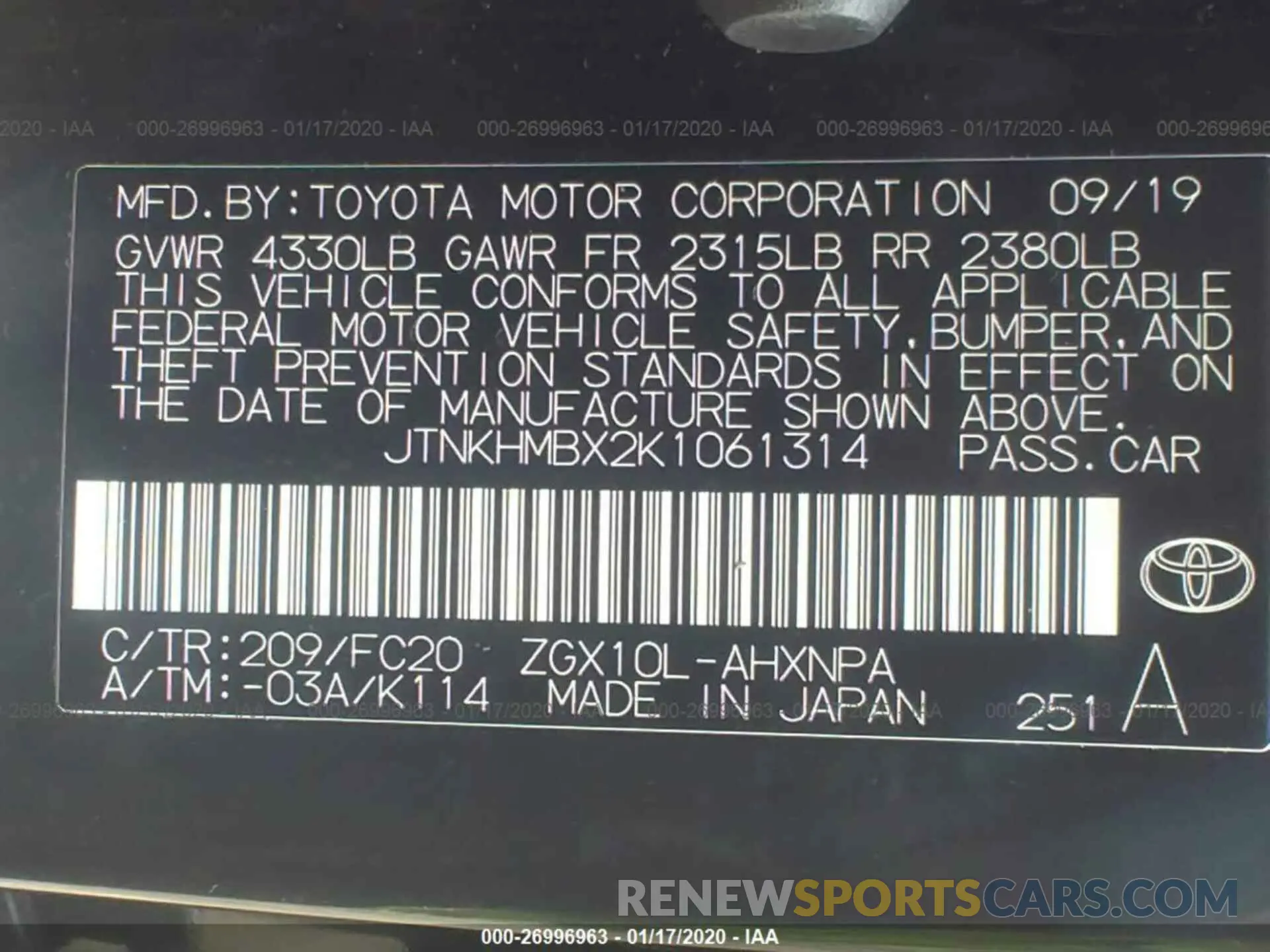 9 Photograph of a damaged car JTNKHMBX2K1061314 TOYOTA C-HR 2019