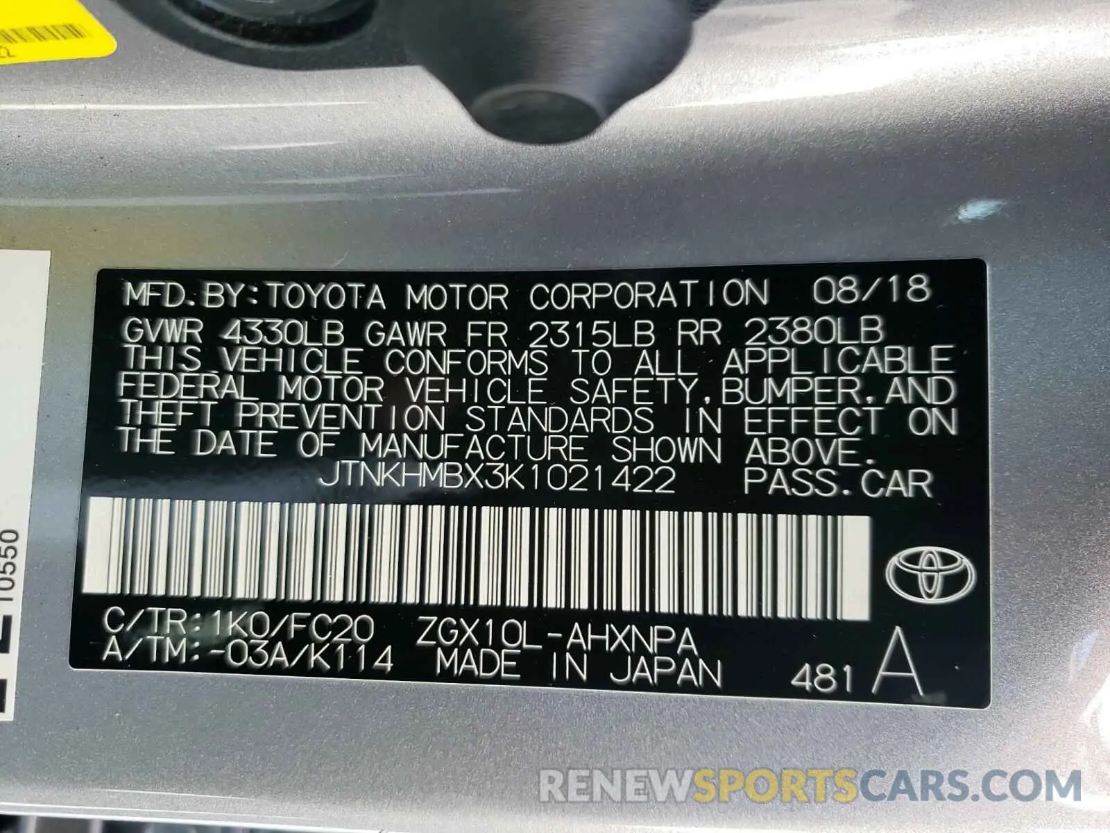 10 Photograph of a damaged car JTNKHMBX3K1021422 TOYOTA C-HR 2019