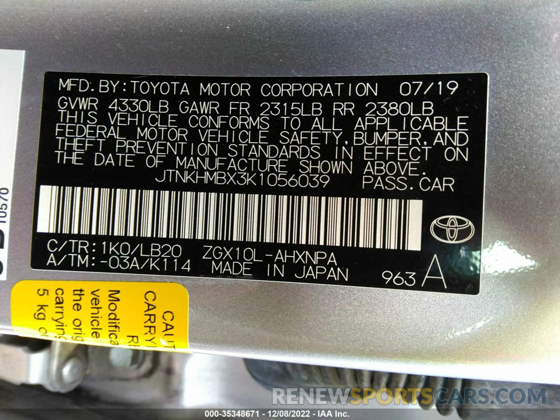 9 Фотография поврежденного автомобиля JTNKHMBX3K1056039 TOYOTA C-HR 2019