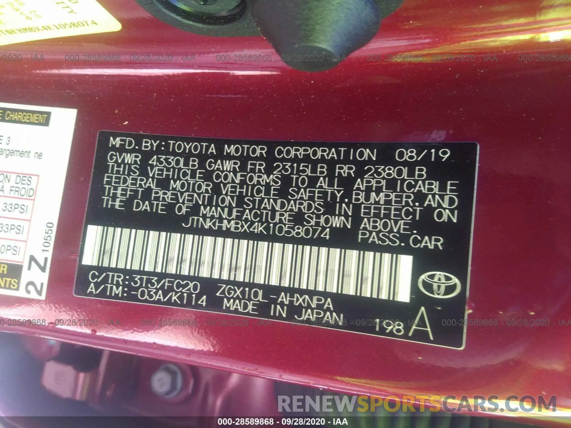 9 Photograph of a damaged car JTNKHMBX4K1058074 TOYOTA C-HR 2019
