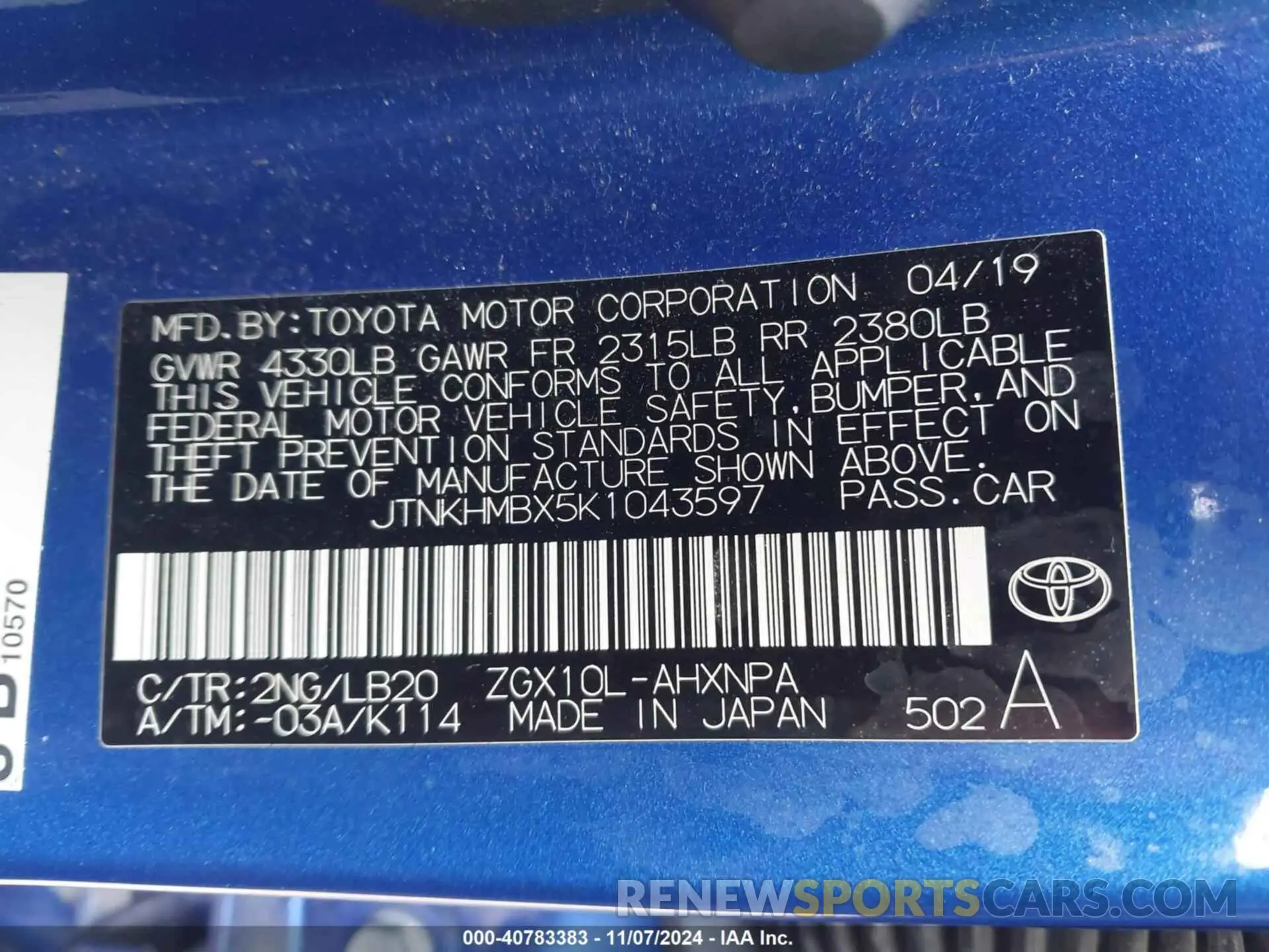 9 Photograph of a damaged car JTNKHMBX5K1043597 TOYOTA C-HR 2019