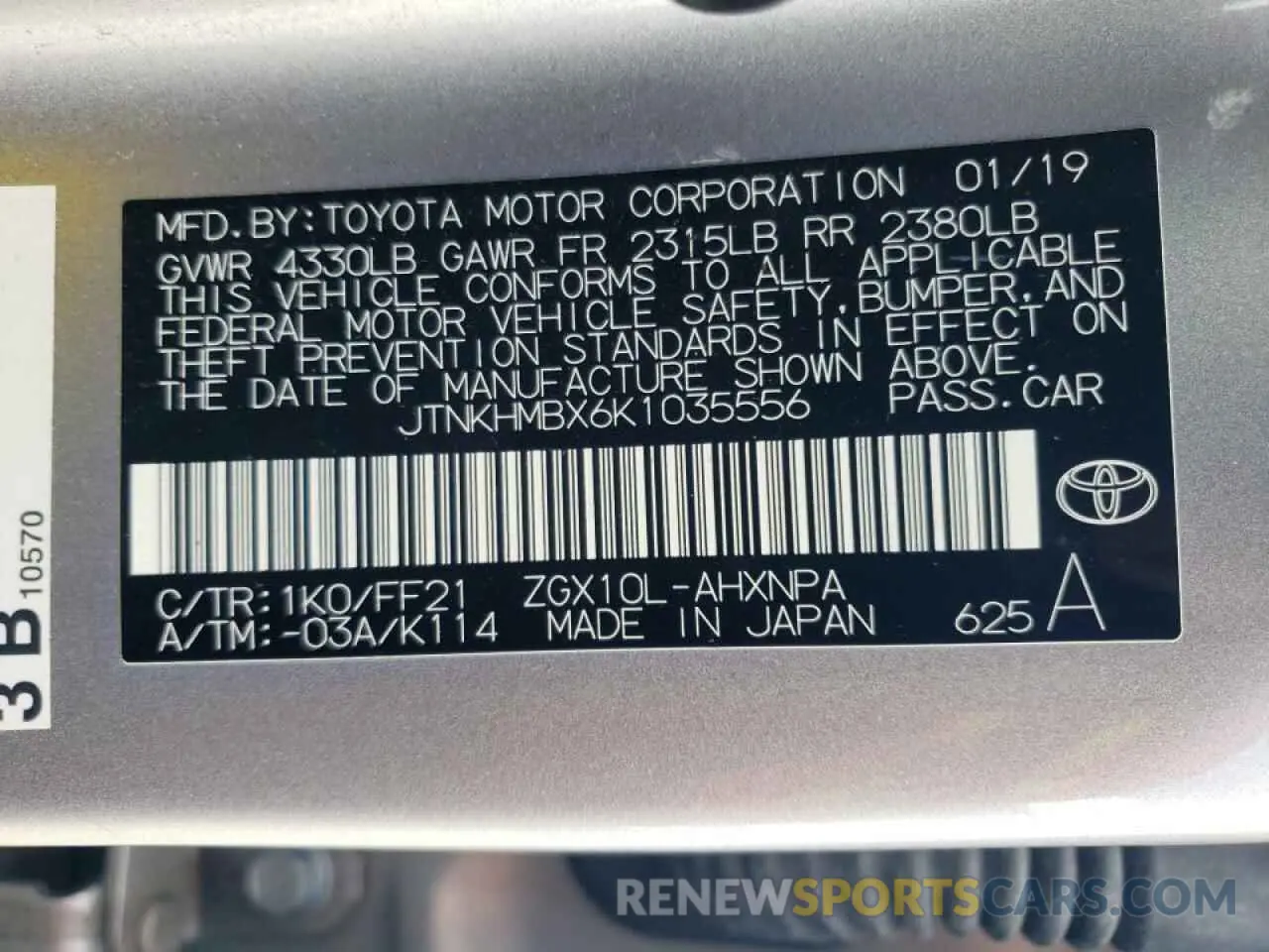 10 Photograph of a damaged car JTNKHMBX6K1035556 TOYOTA C-HR 2019