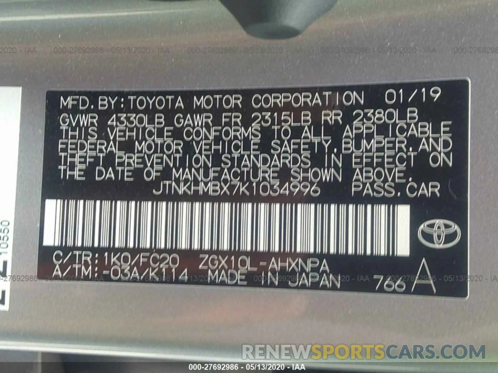 9 Photograph of a damaged car JTNKHMBX7K1034996 TOYOTA C-HR 2019