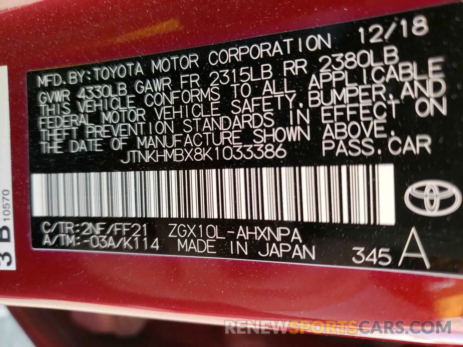 10 Photograph of a damaged car JTNKHMBX8K1033386 TOYOTA C-HR 2019