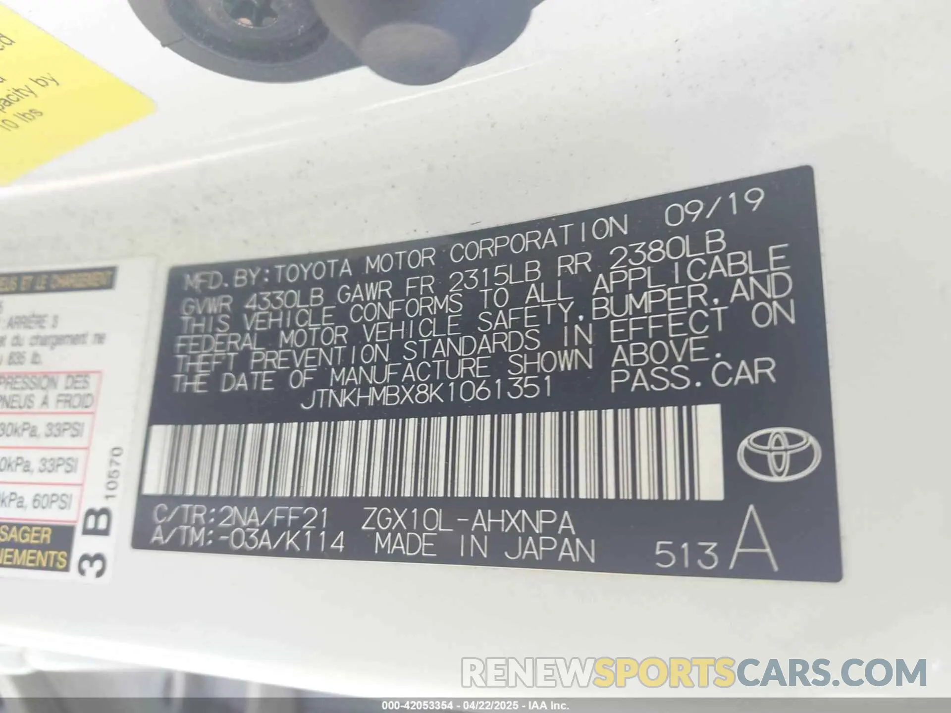 9 Photograph of a damaged car JTNKHMBX8K1061351 TOYOTA C-HR 2019
