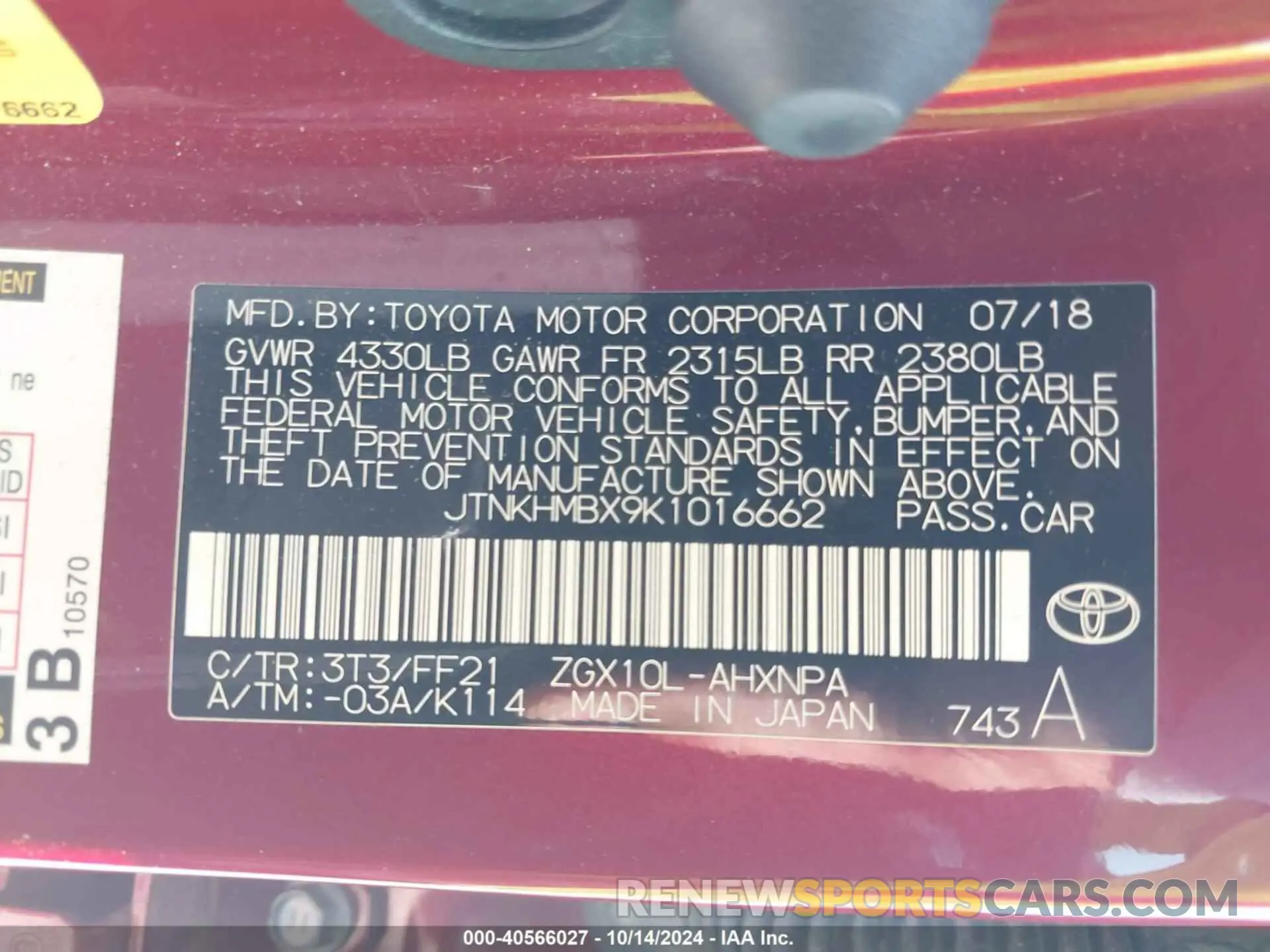 9 Photograph of a damaged car JTNKHMBX9K1016662 TOYOTA C-HR 2019
