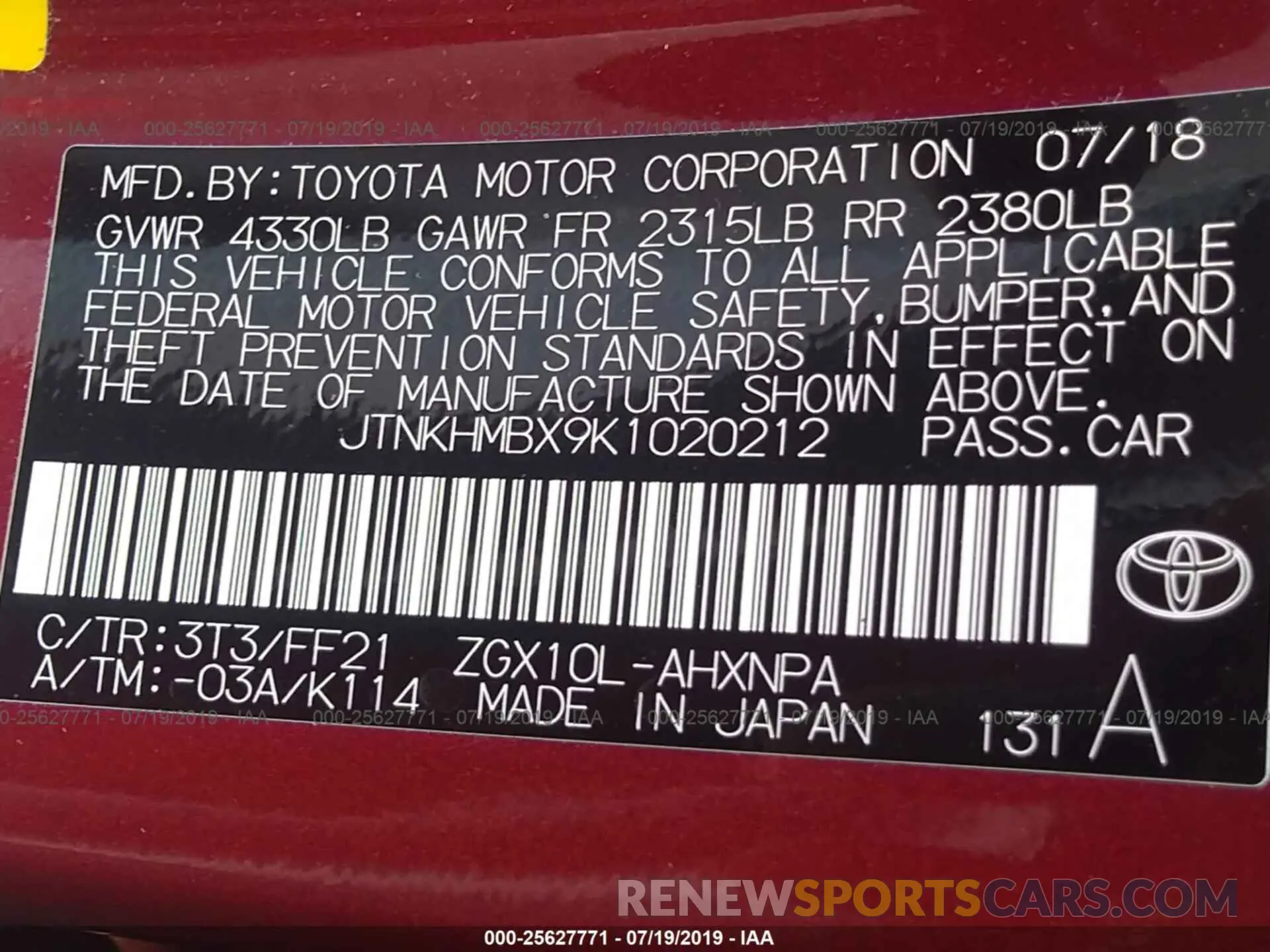 9 Photograph of a damaged car JTNKHMBX9K1020212 TOYOTA C-HR 2019