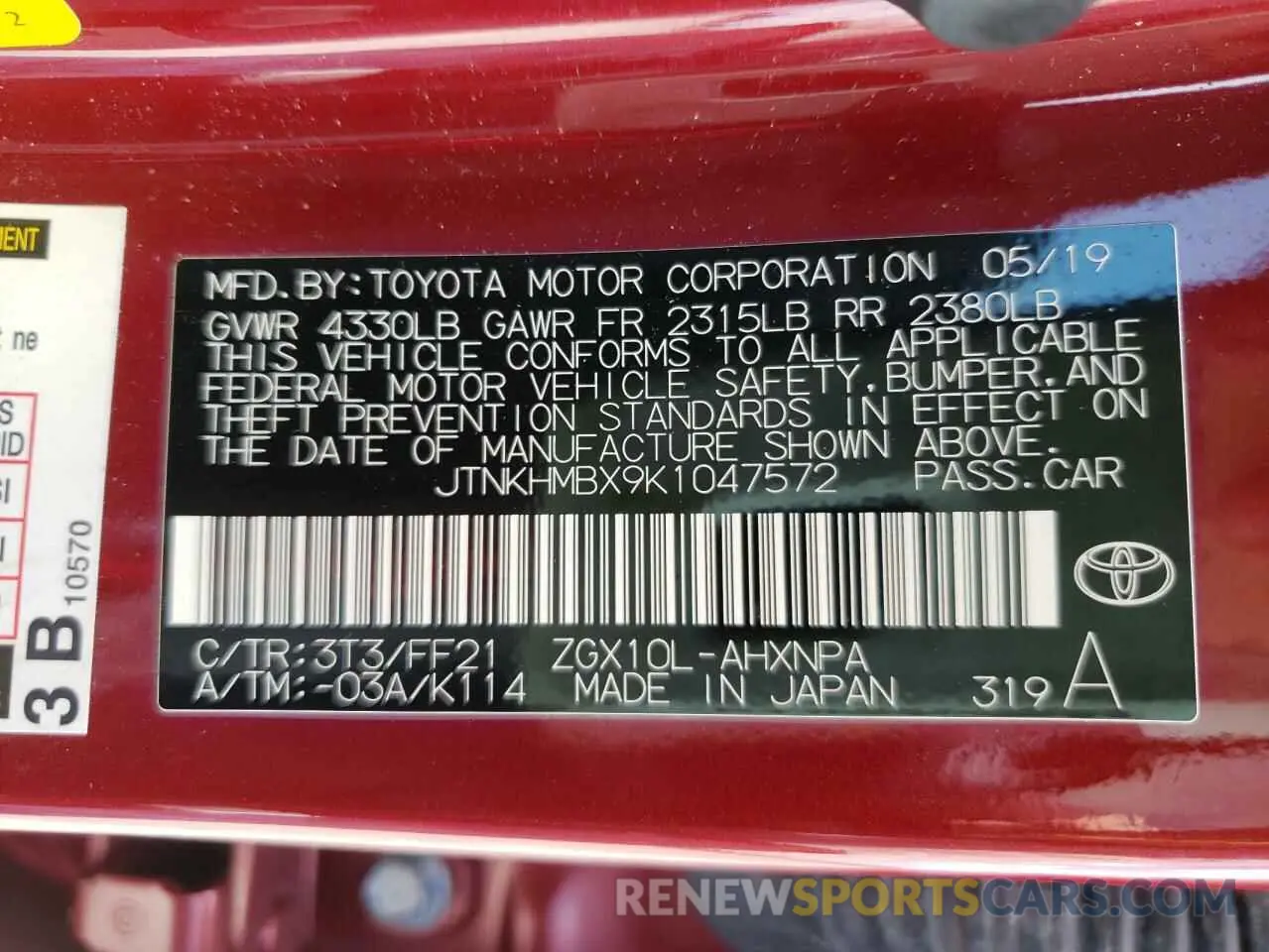 10 Photograph of a damaged car JTNKHMBX9K1047572 TOYOTA C-HR 2019