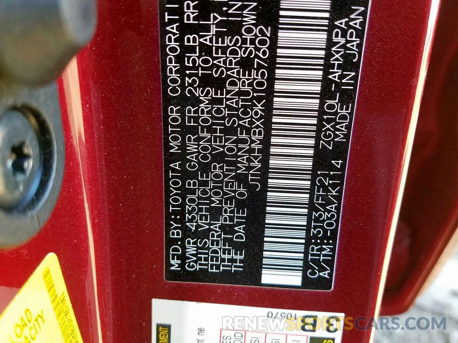 10 Photograph of a damaged car JTNKHMBX9K1057602 TOYOTA C-HR 2019