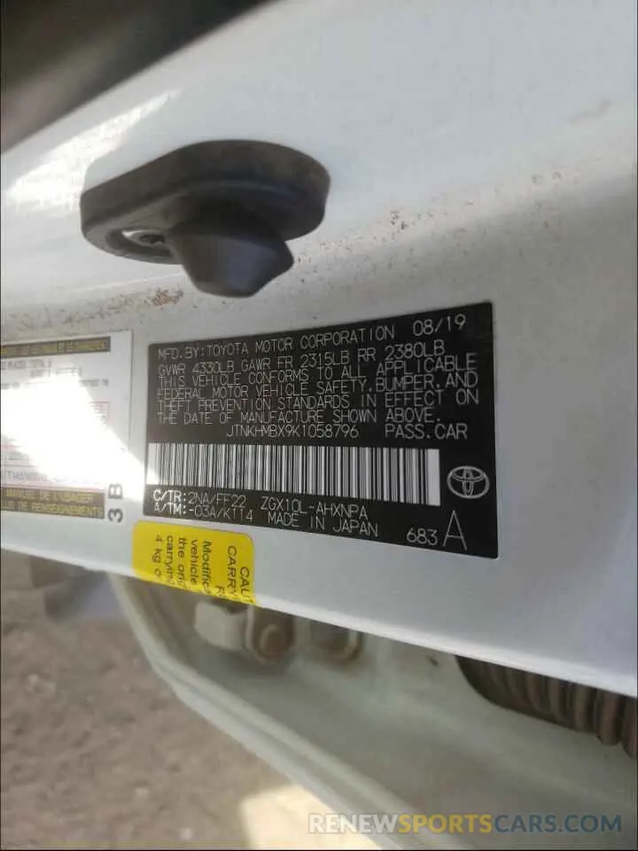 10 Photograph of a damaged car JTNKHMBX9K1058796 TOYOTA C-HR 2019