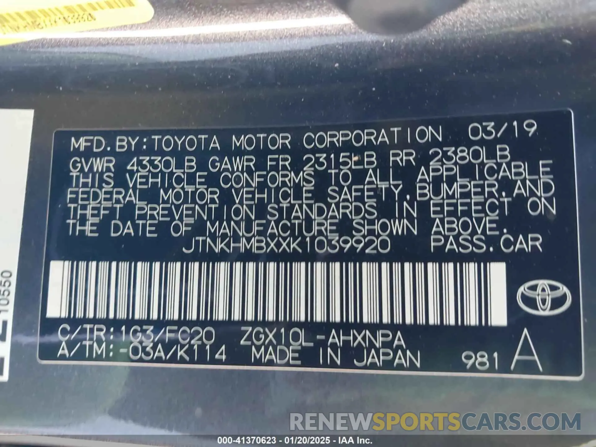 9 Photograph of a damaged car JTNKHMBXXK1039920 TOYOTA C-HR 2019