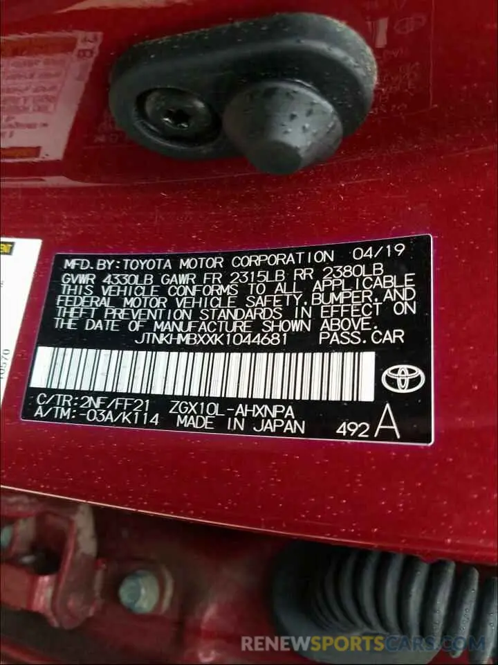 10 Photograph of a damaged car JTNKHMBXXK1044681 TOYOTA C-HR 2019