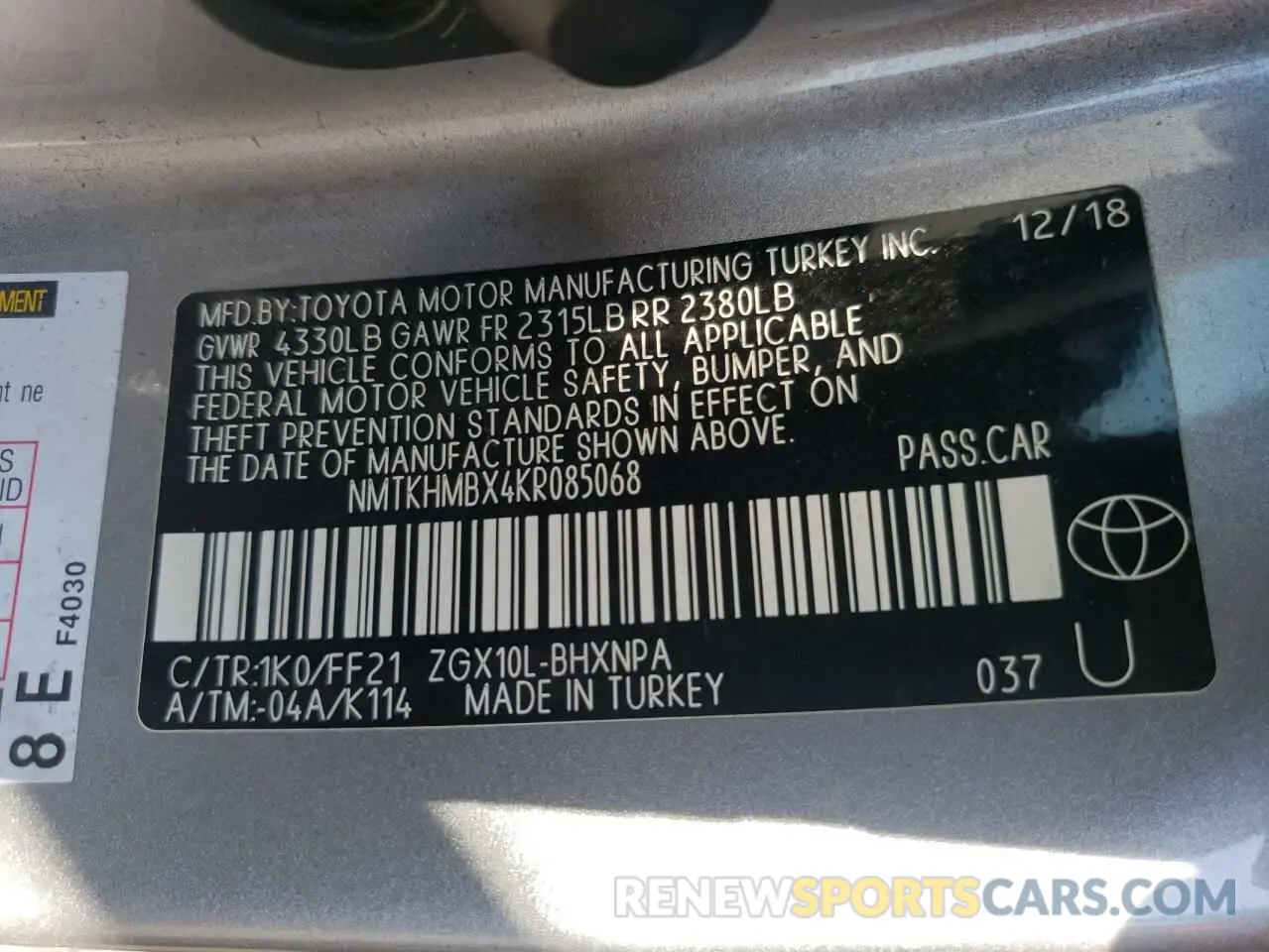 10 Фотография поврежденного автомобиля NMTKHMBX4KR085068 TOYOTA C-HR 2019