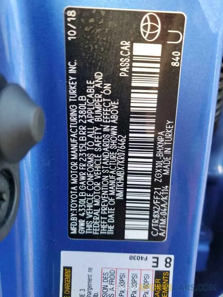 13 Photograph of a damaged car NMTKHMBX7KR076462 TOYOTA C-HR 2019