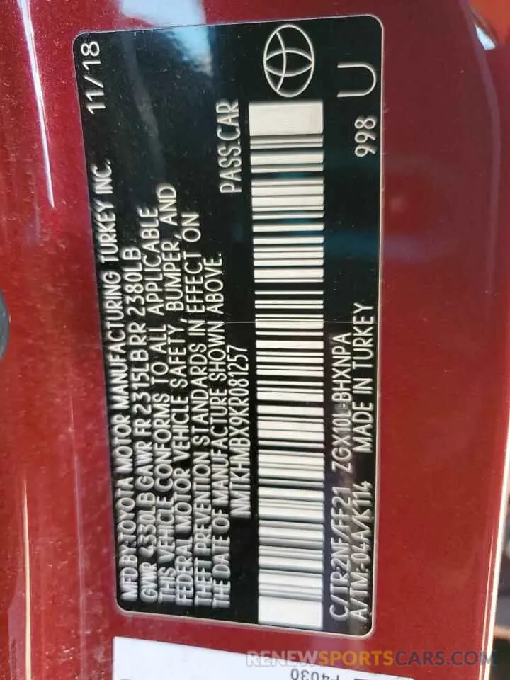 13 Photograph of a damaged car NMTKHMBX9KR081257 TOYOTA C-HR 2019