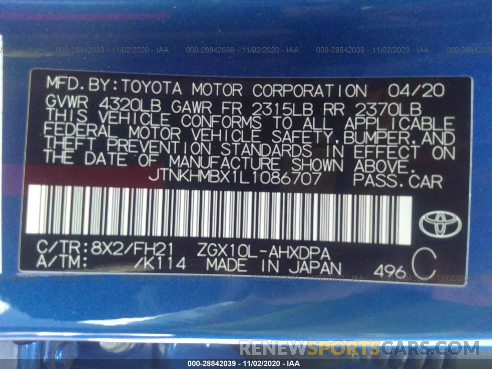 9 Photograph of a damaged car JTNKHMBX1L1086707 TOYOTA C-HR 2020