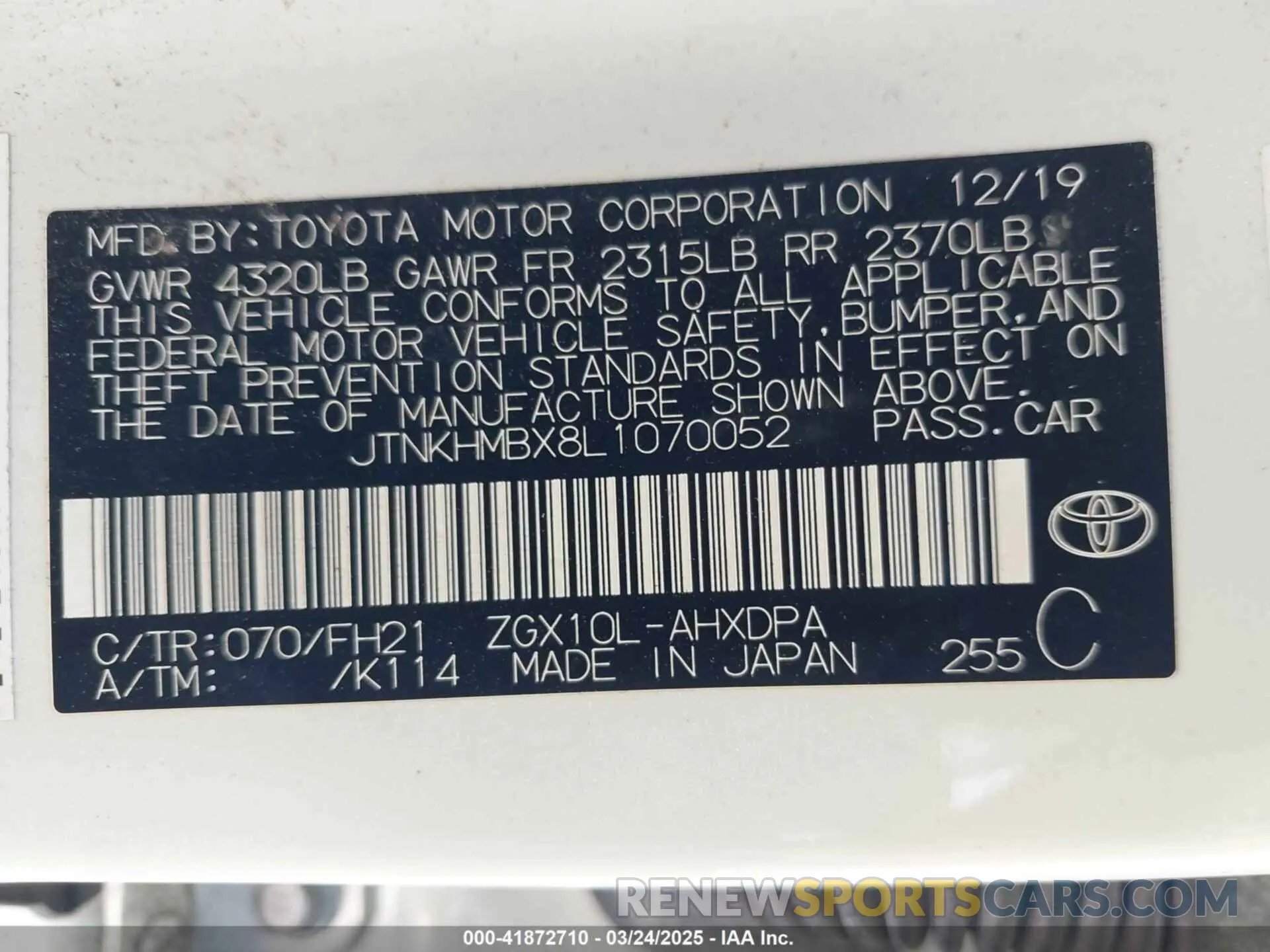 9 Фотография поврежденного автомобиля JTNKHMBX8L1070052 TOYOTA C-HR 2020