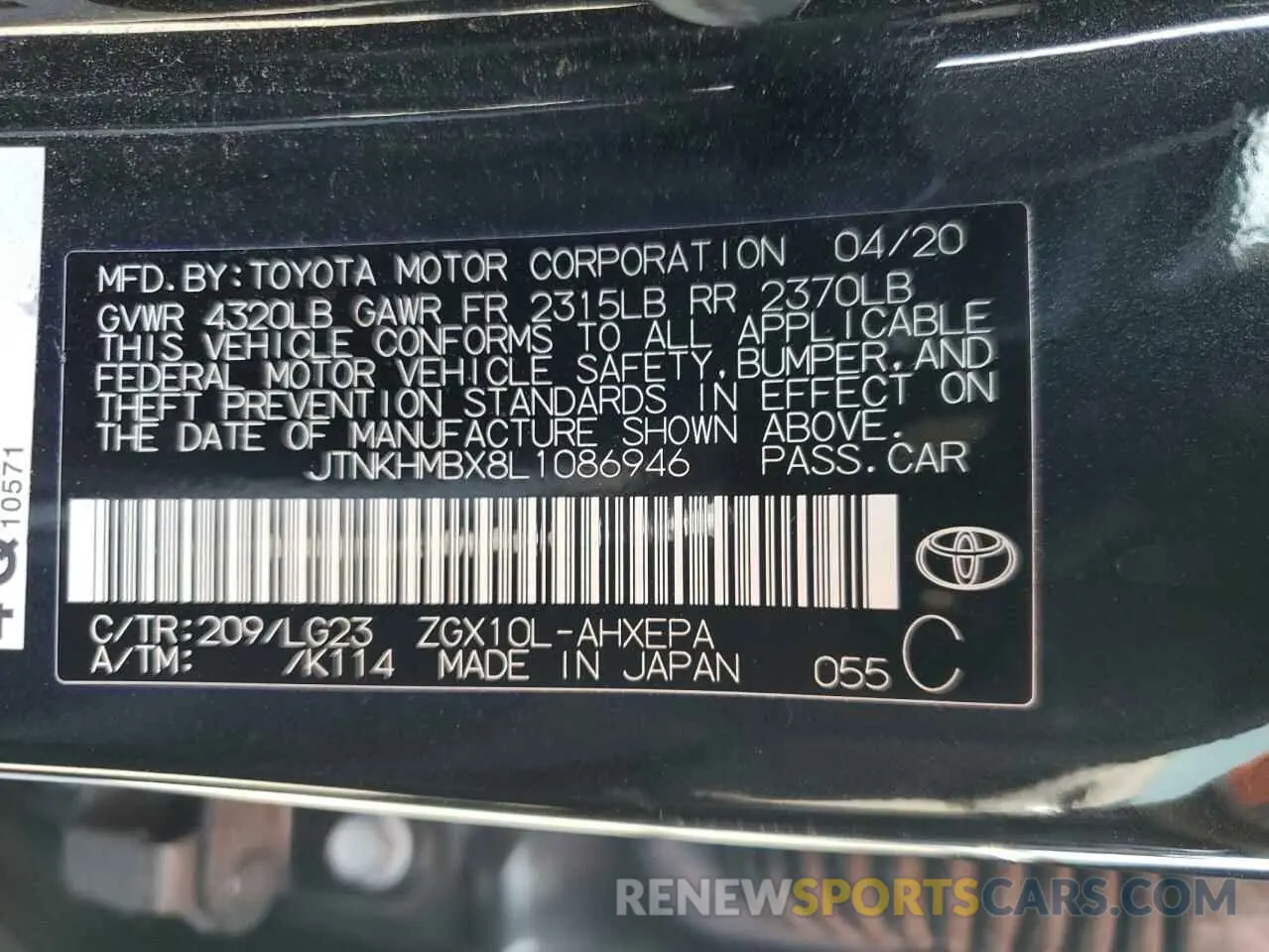 14 Фотография поврежденного автомобиля JTNKHMBX8L1086946 TOYOTA C-HR 2020
