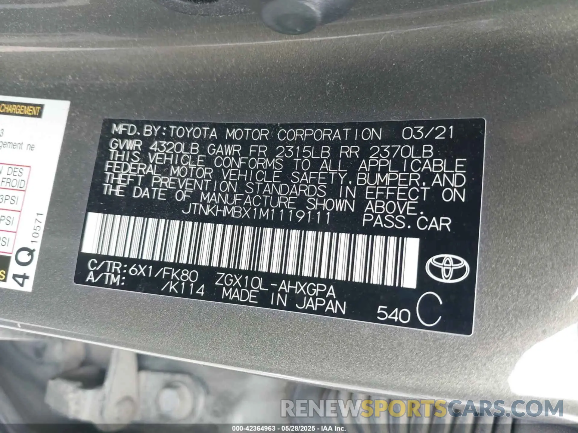 9 Фотография поврежденного автомобиля JTNKHMBX1M1119111 TOYOTA C-HR 2021