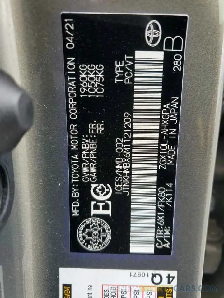 13 Фотография поврежденного автомобиля JTNKHMBX6M1121209 TOYOTA C-HR 2021