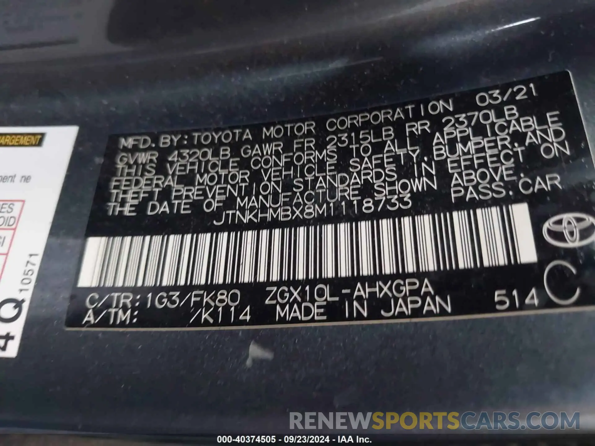 9 Photograph of a damaged car JTNKHMBX8M1118733 TOYOTA C-HR 2021