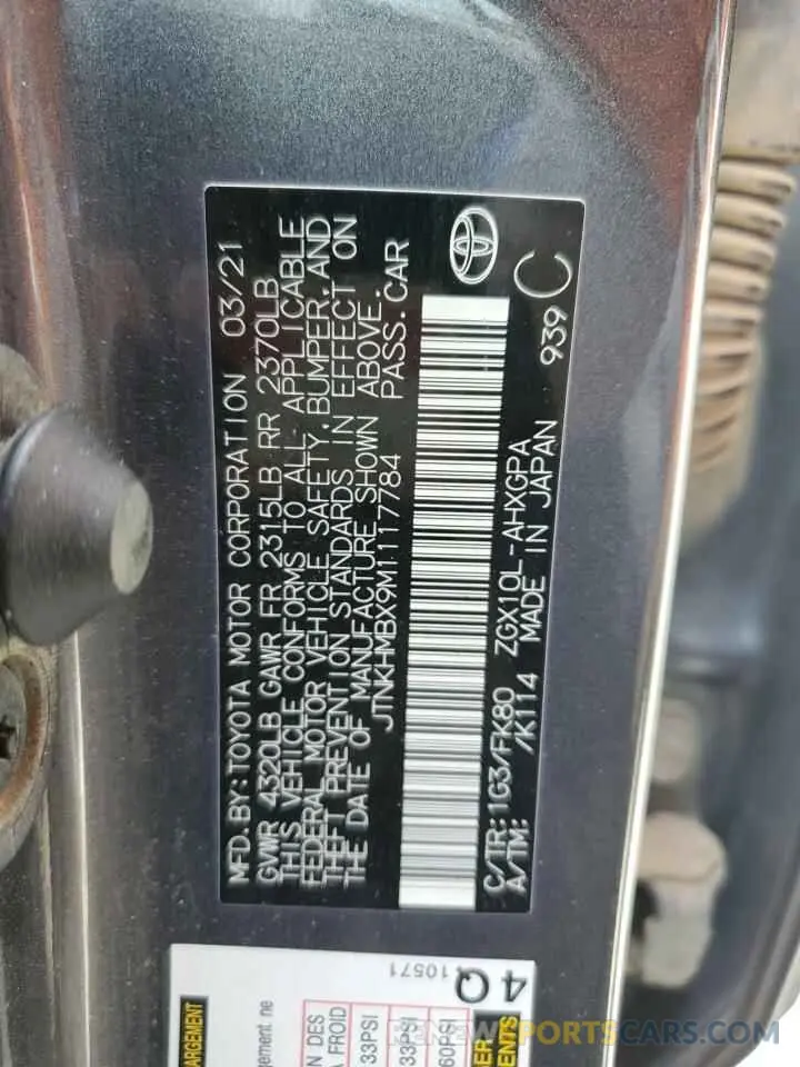 12 Фотография поврежденного автомобиля JTNKHMBX9M1117784 TOYOTA C-HR 2021