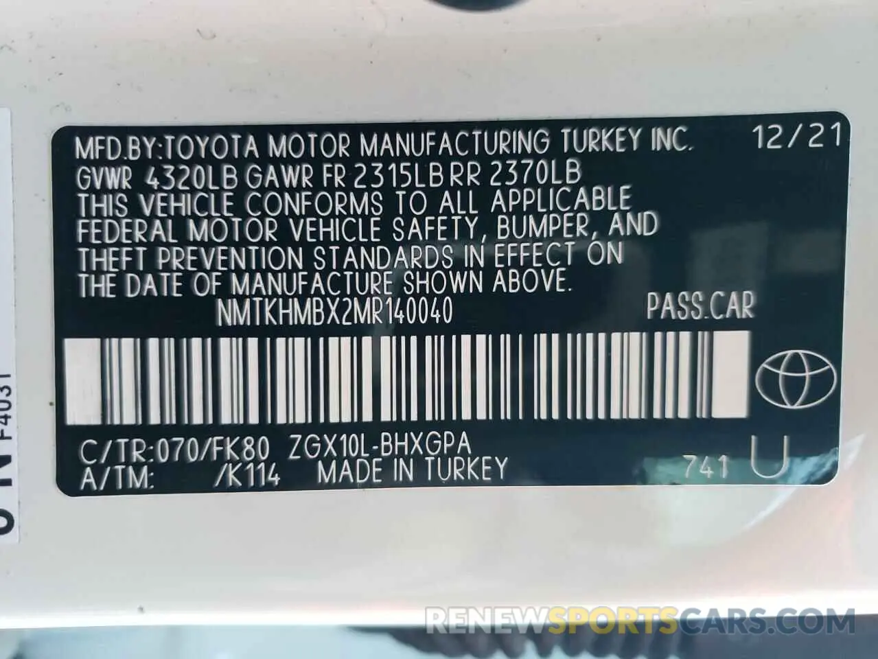 14 Photograph of a damaged car NMTKHMBX2MR140040 TOYOTA C-HR 2021