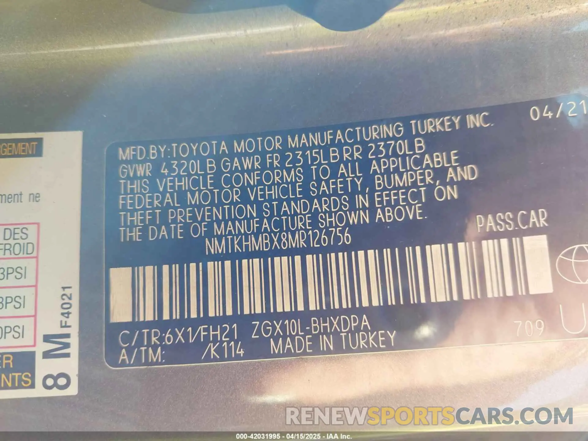 9 Фотография поврежденного автомобиля NMTKHMBX8MR126756 TOYOTA C-HR 2021