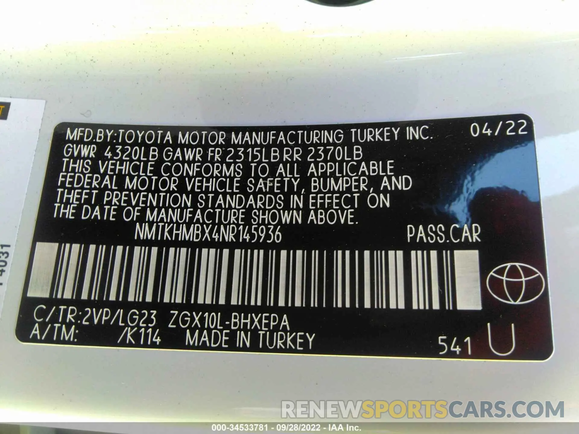 9 Photograph of a damaged car NMTKHMBX4NR145936 TOYOTA C-HR 2022