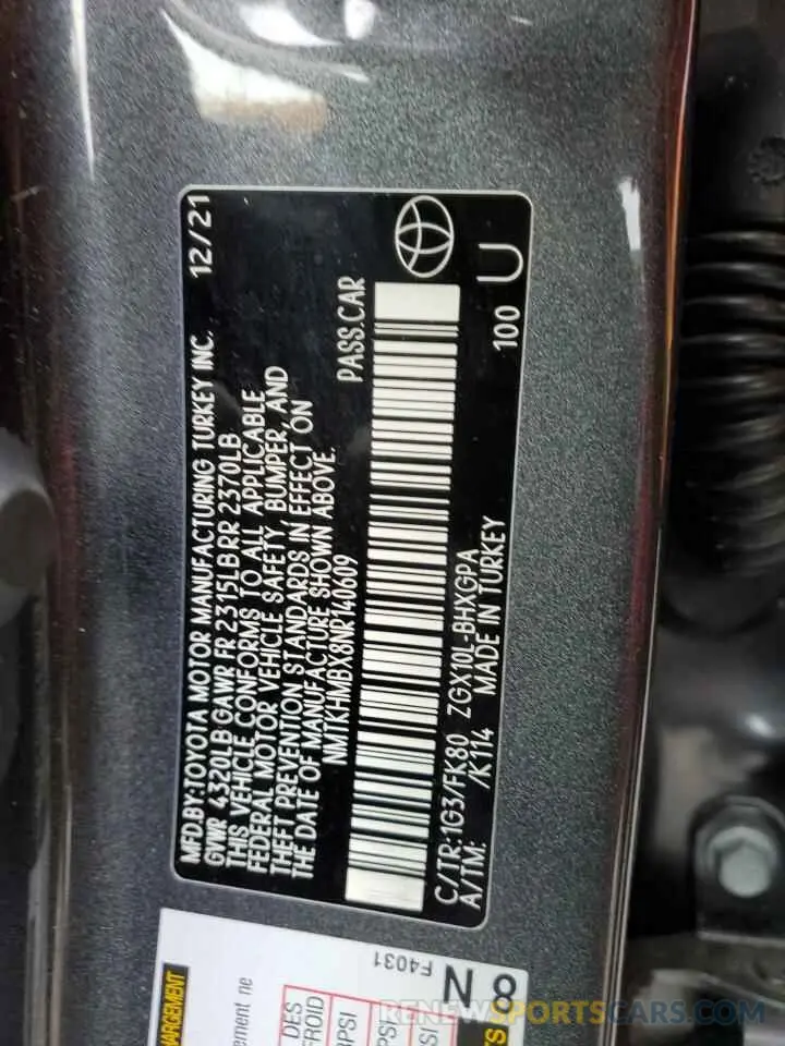 12 Photograph of a damaged car NMTKHMBX8NR140609 TOYOTA C-HR 2022