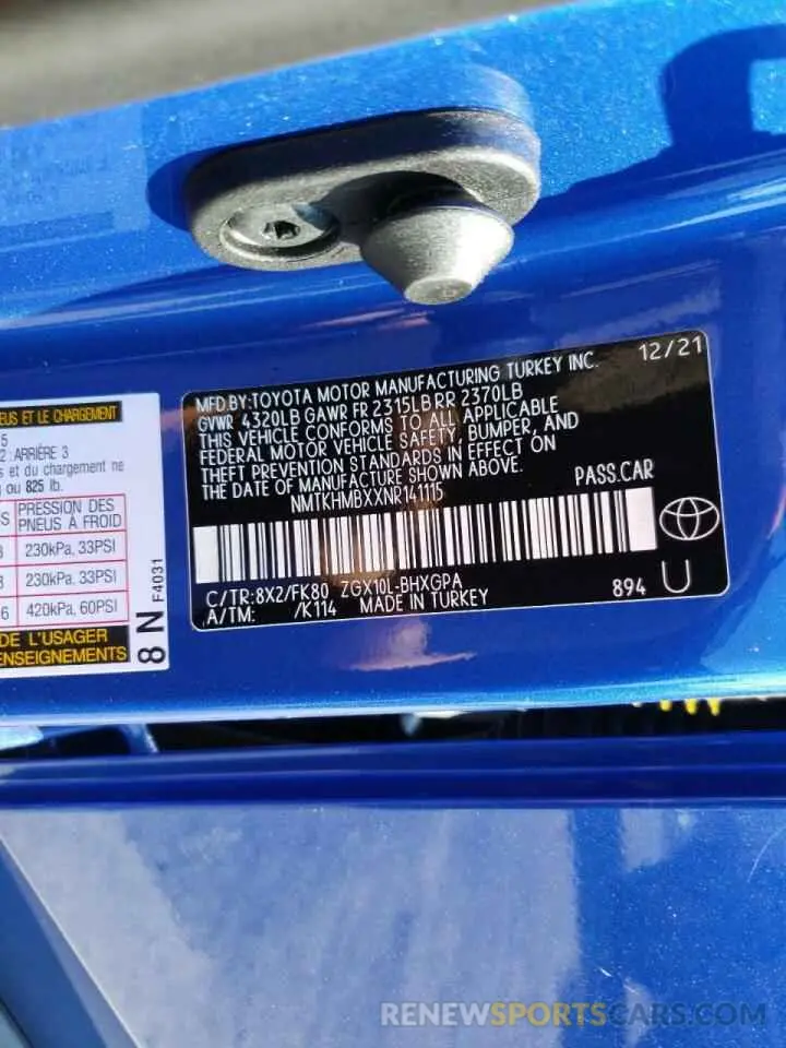 10 Photograph of a damaged car NMTKHMBXXNR141115 TOYOTA C-HR 2022