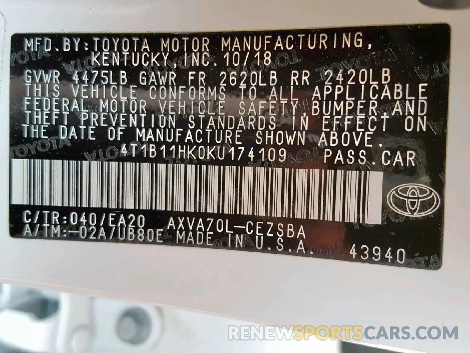 10 Photograph of a damaged car 4T1B11HK0KU174109 TOYOTA CAMRY 2019
