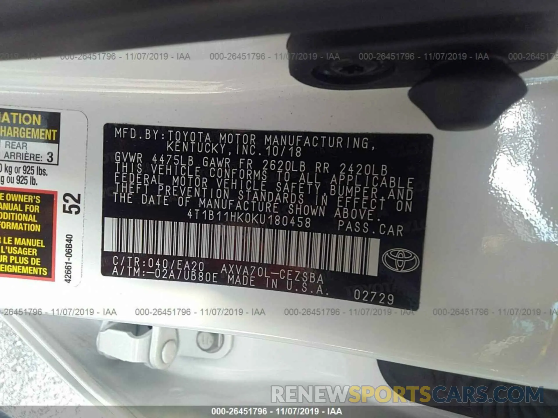 9 Photograph of a damaged car 4T1B11HK0KU180458 TOYOTA CAMRY 2019