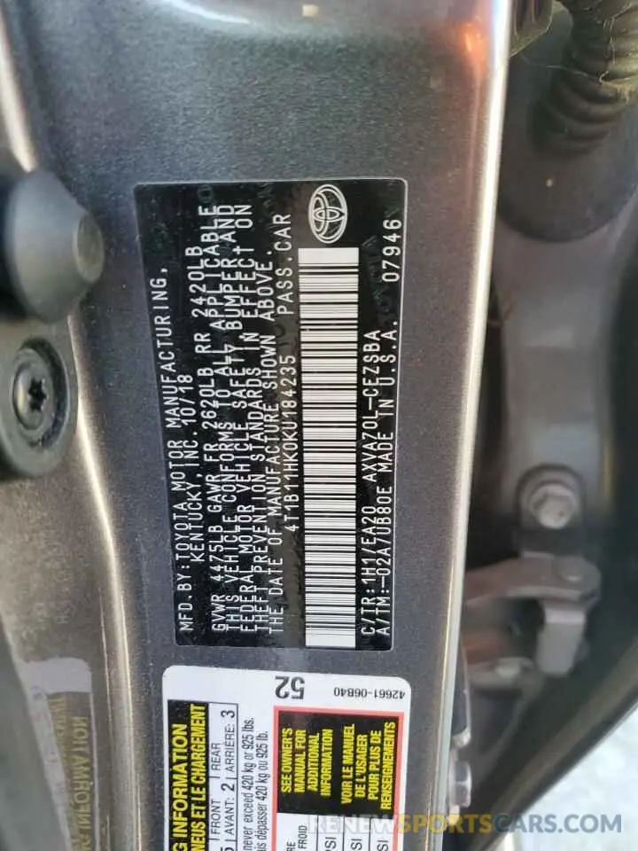 13 Фотография поврежденного автомобиля 4T1B11HK0KU184235 TOYOTA CAMRY 2019