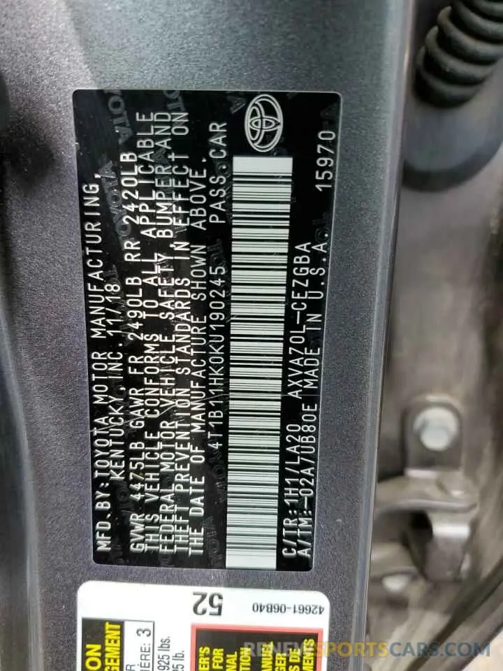10 Фотография поврежденного автомобиля 4T1B11HK0KU190245 TOYOTA CAMRY 2019