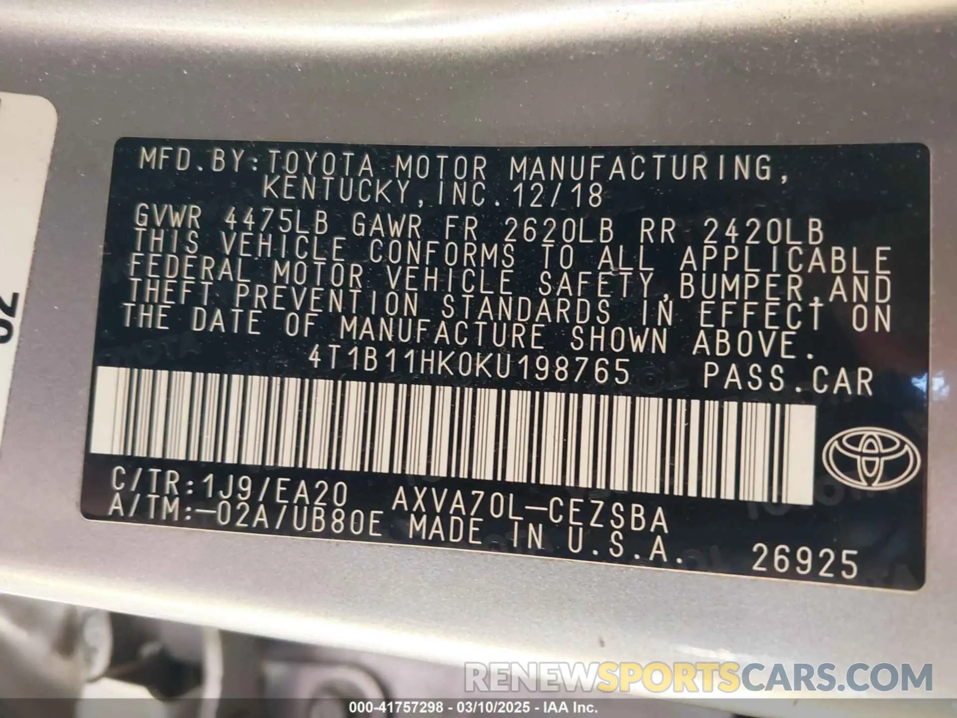 9 Фотография поврежденного автомобиля 4T1B11HK0KU198765 TOYOTA CAMRY 2019