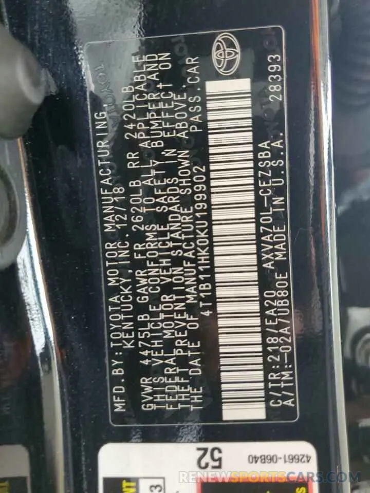 12 Фотография поврежденного автомобиля 4T1B11HK0KU199902 TOYOTA CAMRY 2019