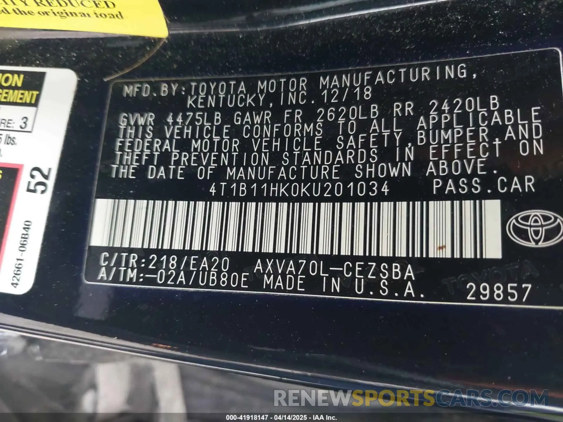 9 Фотография поврежденного автомобиля 4T1B11HK0KU201034 TOYOTA CAMRY 2019