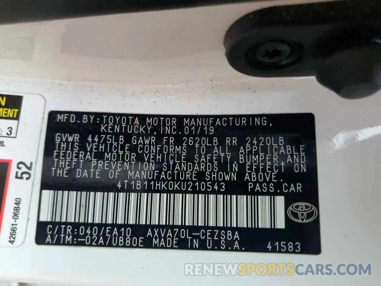 12 Photograph of a damaged car 4T1B11HK0KU210543 TOYOTA CAMRY 2019