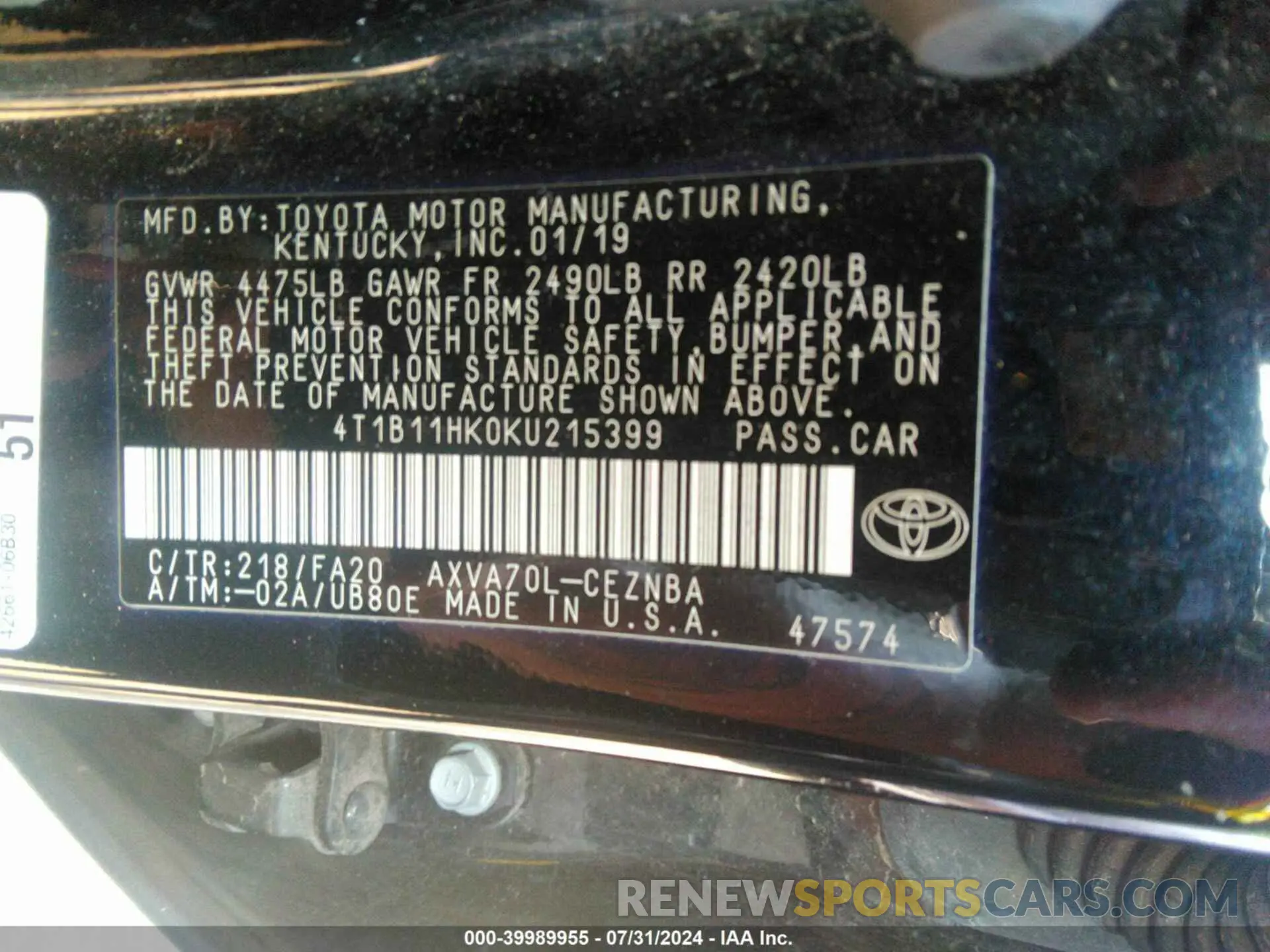 9 Фотография поврежденного автомобиля 4T1B11HK0KU215399 TOYOTA CAMRY 2019