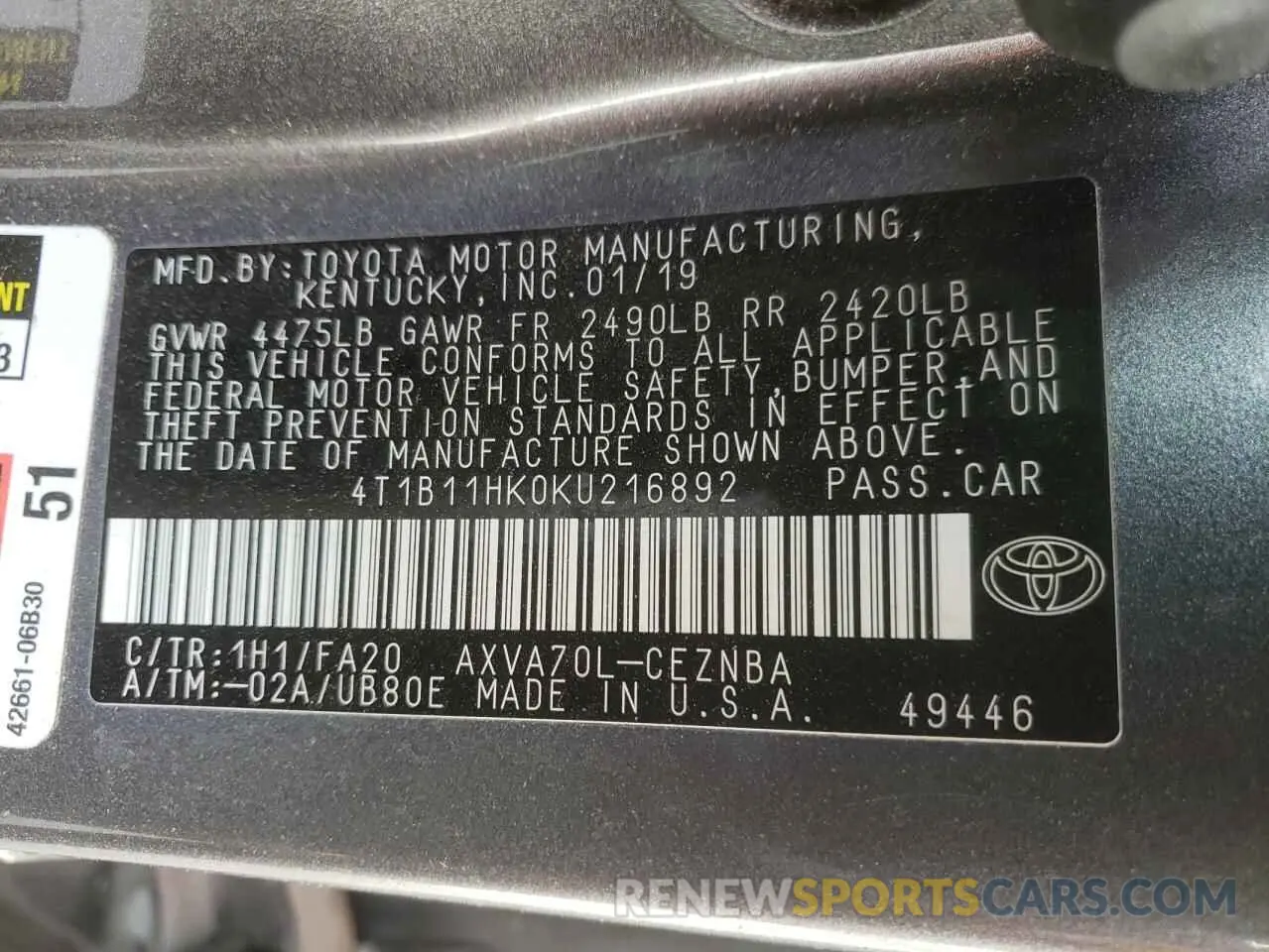 12 Photograph of a damaged car 4T1B11HK0KU216892 TOYOTA CAMRY 2019