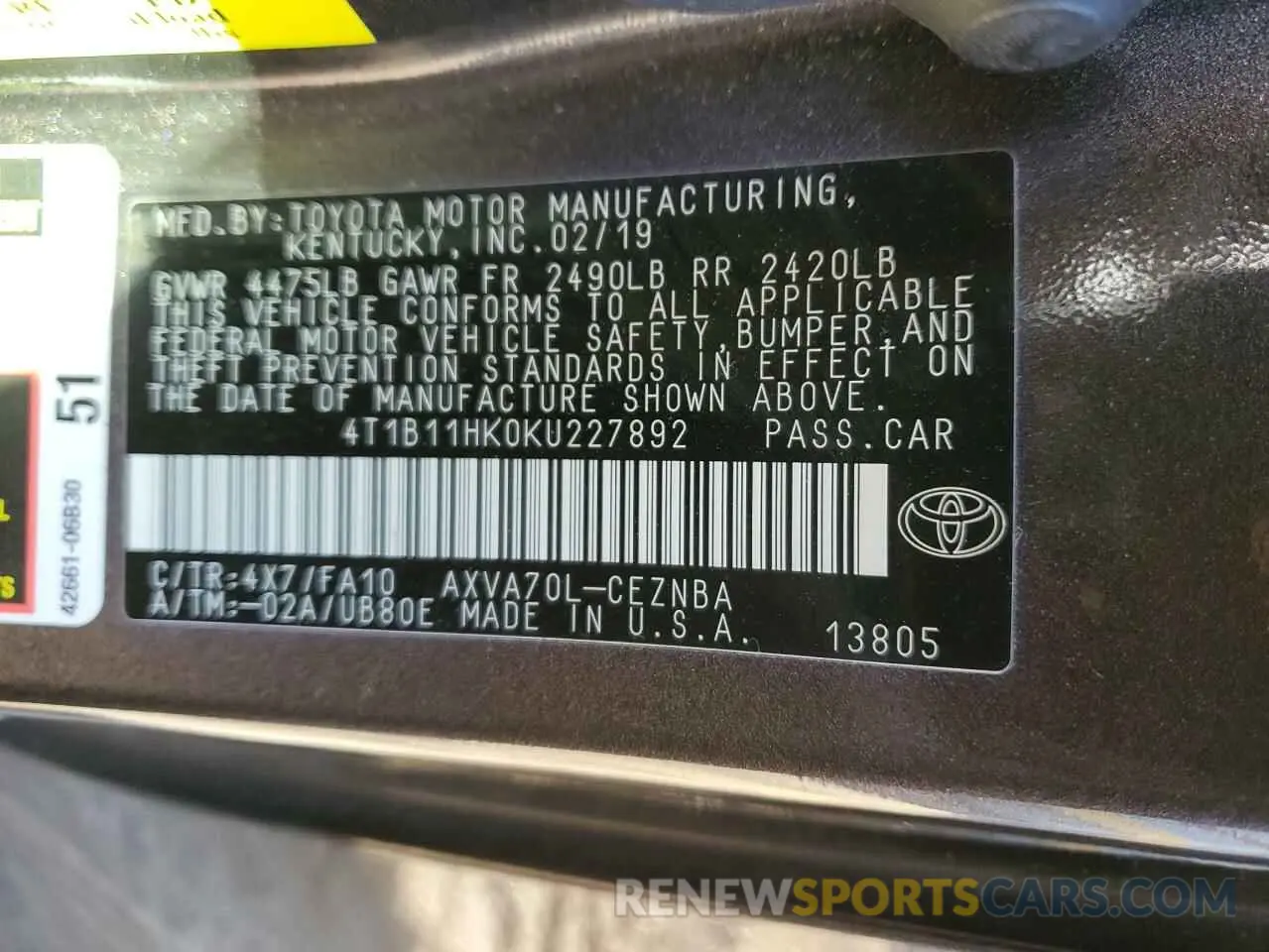 12 Photograph of a damaged car 4T1B11HK0KU227892 TOYOTA CAMRY 2019