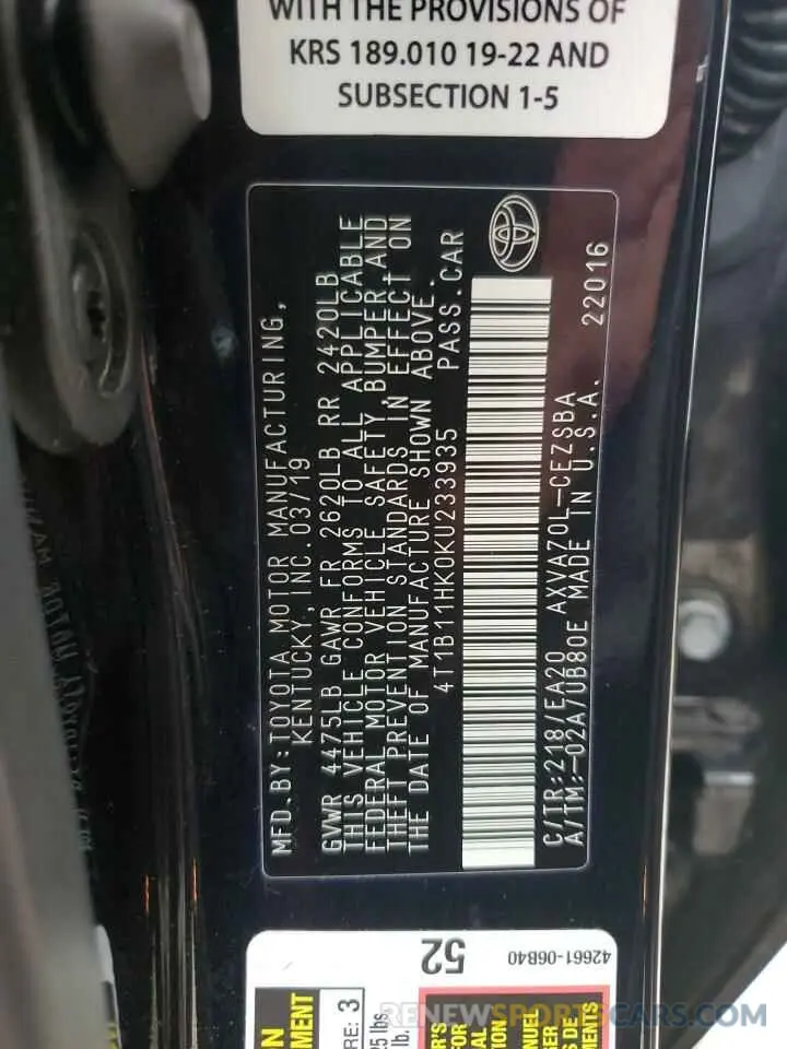 12 Photograph of a damaged car 4T1B11HK0KU233935 TOYOTA CAMRY 2019