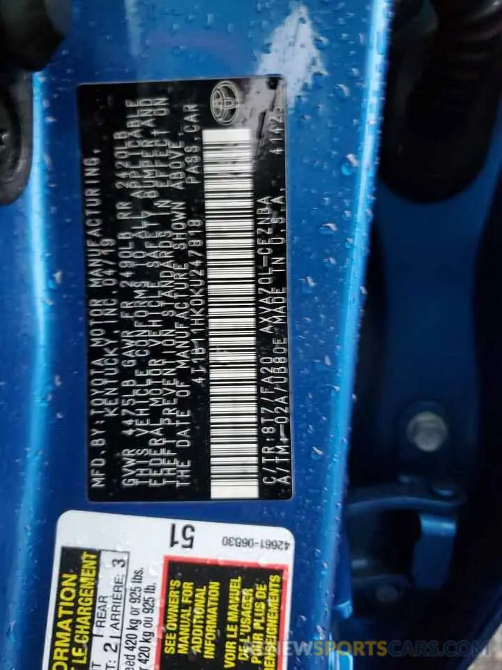 13 Photograph of a damaged car 4T1B11HK0KU247818 TOYOTA CAMRY 2019